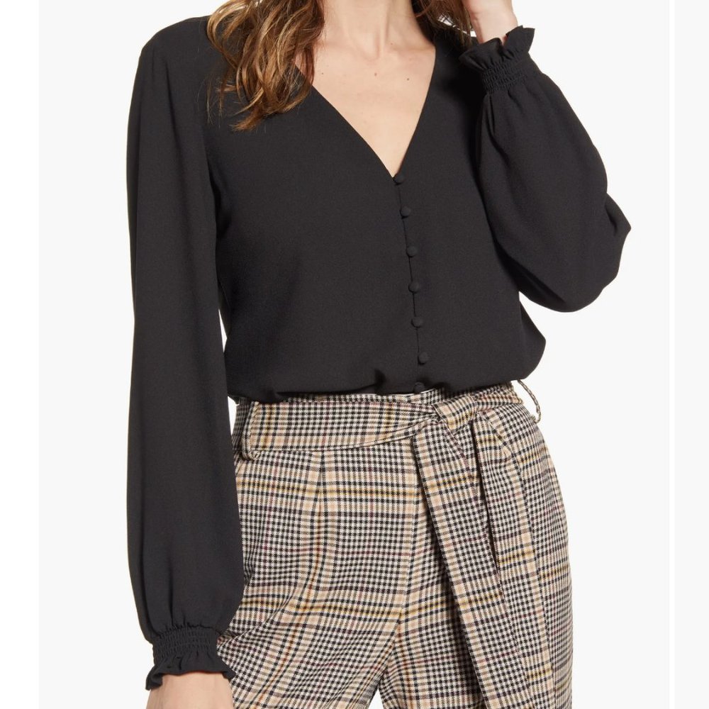 1. State Womens Blouse V-Neck Ruffle Sleeves Button Front Black Size Medium